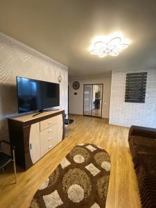 ein Wohnzimmer mit einem Flachbild-TV und einem Teppich in der Unterkunft APARTMENT PREMIUM VIP in Berdychiv