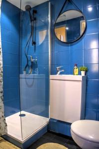 a blue bathroom with a shower and a toilet at Appartement 1er arrondissement in Marseille