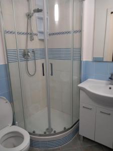 y baño con ducha, aseo y lavamanos. en Residence Sole Dell'Argentario, en Porto Santo Stefano