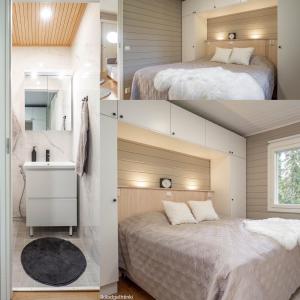 1 dormitorio con 2 camas y baño con lavamanos en RUKA Skilodge Ihtinki, two bedrooms (Free Wi-Fi) en Ruka