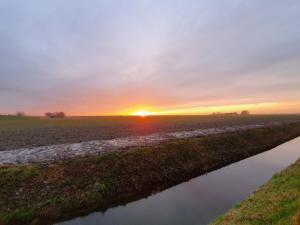 einen Sonnenuntergang über einem Feld mit einem Fluss in der Unterkunft BenB Zuidoord in Zuidland