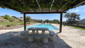 stół i krzesła przed basenem w obiekcie AMAZING Typical House with Swimming Pool w Sant Feliu de Guixols