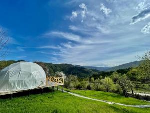 a dome tent in a field with mountains in the background at Bali Glamping in Ambrolauri