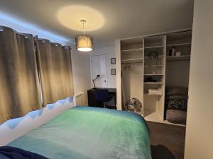 a bedroom with a bed and a desk in a room at Entire Spacious Modern One Bedroom House in Swindon