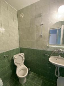 a green bathroom with a toilet and a sink at Your Room Primorsko in Primorsko