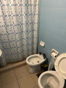a bathroom with a toilet and a shower curtain at Aconcagua in Miramar +18 photos