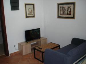 a living room with a tv and a couch and a table at Seaside Cottage Bor in Gdinj