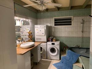 eine Küche mit einer Waschmaschine, einer Waschmaschine und einem Trockner in der Unterkunft Le Dodo Salé in L’Étang-Salé