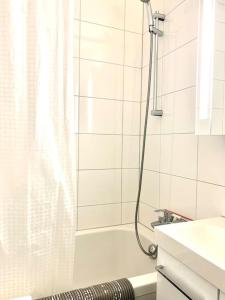 a bathroom with a shower with a shower curtain at Little Penthouse **** in Dietikon +47 photos