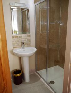 a bathroom with a sink and a shower at Rusko Stables in Gatehouse of Fleet +11 photos