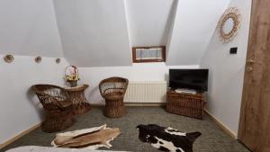 a living room with wicker chairs and a television at Căsuța lui Gogu in Borsa