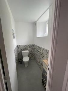 a small bathroom with a toilet and a mirror at Les gîtes de Madline, Le gîte du prieuré in Saint-Georges-de-Gréhaigne
