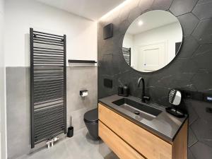 ein Badezimmer mit einem Waschbecken, einem WC und einem Spiegel in der Unterkunft Wohnperle*ElbOase*einzigartig*hochwertig*ruhig in Dresden