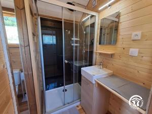 a bathroom with a shower and a sink and a mirror at La roulotte du tonnelier in Castelnau-de-Montmiral