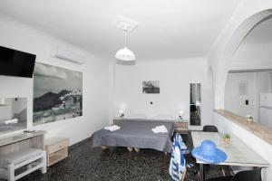 a bedroom with a bed and a desk and a tv at Thira Santo Apartments in Karterados