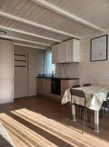 a kitchen with a table and chairs in a room at Domki skowronki in Filipów +16 photos