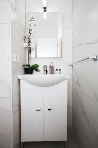 a white bathroom with a sink and a mirror at Brillante Appartamento di Sara -Daniele Case Vacanza in Anzio +21 photos