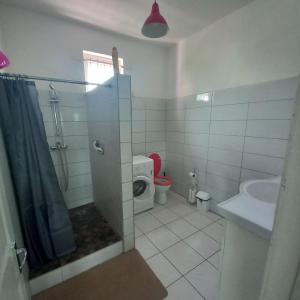 a bathroom with a toilet and a shower and a sink at Appartement de tourisme piscine lelahel in Petite Rivière