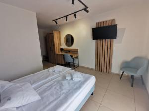 a bedroom with a bed and a desk and a chair at Paula Wellness & SPA in Pobierowo