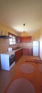 a kitchen with wooden cabinets and a white refrigerator at Seaview Miloi in Eretria