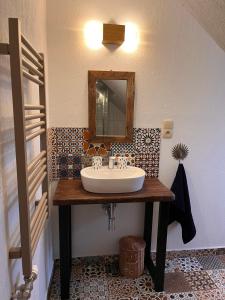 a bathroom with a sink and a mirror at Chata Wetłyna II in Wetlina