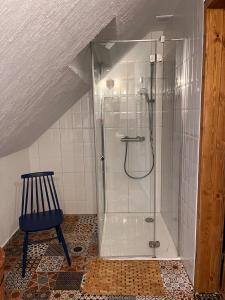 een douche in een badkamer met een blauwe stoel bij Chata Wetłyna II in Wetlina