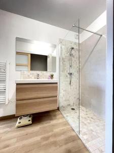 La salle de bains est pourvue d'une douche, d'un lavabo et d'une douche en verre. dans l'établissement Spacieux T2 + Parking à 5 min d'Aix, à Aix-en-Provence