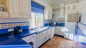 una cucina blu e bianca con lavandino e lavastoviglie di La Colmenilla Cártama by Ruralidays a Cártama