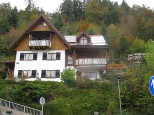 Urlaub mit Blick auf Schiltachs Fachwerkhäuser في شيلتاخ: منزل على جانب تلة