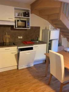 a kitchen with a stove and a refrigerator and a table at Le Nivelet Les balcons d'Aix in La Féclaz