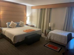 Ibirapuera hotel 5 estrelas 2 suites في ساو باولو: غرفة في الفندق بسريرين و اللوح الأمامي كبير