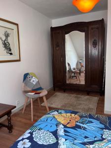 sypialnia z łóżkiem, lustrem i krzesłem w obiekcie Duplex terrasse w mieście Frehel