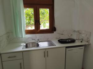 um balcão de cozinha com um lavatório e uma janela em "Patra's" Apartments Patra em Poseidónion