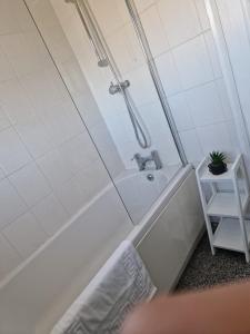 a bathroom with a bath tub with a plant in it at 4 beds with links to motorways in Leeds