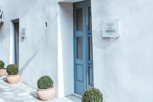 un edificio blanco con una puerta azul y macetas en Country house Oberfeld, en Vipava