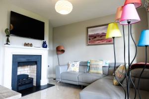 a living room with a couch and a fireplace at Escape Ordinary at Lough Erne Golf Village No.52 in Enniskillen
