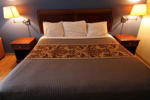 een slaapkamer met een bed met twee lampen aan beide zijden bij 121 Motel Battleboro in Battleboro
