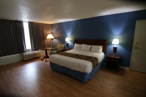 een hotelkamer met een bed en een blauwe muur bij 121 Motel Battleboro in Battleboro