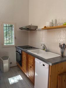 a kitchen with a sink and a stove at Les Chalets de Montclar Azur et Neige in Montclar
