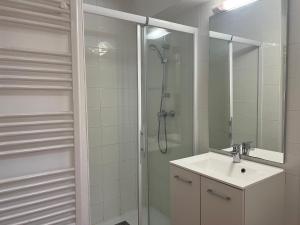 La salle de bains est pourvue d'une douche, d'un lavabo et d'un miroir. dans l'établissement Les Chalets de Montclar Azur et Neige, à Montclar