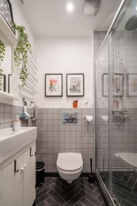 La salle de bains est pourvue de toilettes et d'une douche en verre. dans l'établissement RYNEK Stare Miasto Apartment 5 - Klima Netflix, à Wrocław