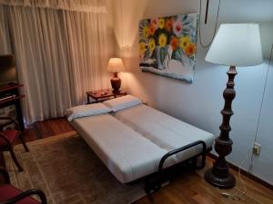 a bedroom with a bed with a lamp and a painting at Apto aconchegante quarto e sala reversível in São Lourenço