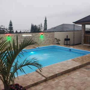 una gran piscina en un patio con una palmera al lado en VillaLunaCaridad, en Jarabacoa