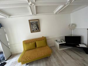 a living room with a yellow couch and a tv at Au clair de la Lune - jusqu'à 4 personnes, centre historique in Porrentruy