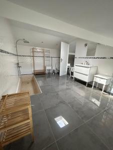 een badkamer met een wastafel en een douche in de kamer bij Duplex lumineux rénové avec terrasse et bains de soleil in Cannes