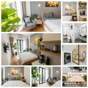 a collage of four pictures of a bedroom at Homestay#Hoàn Kiếm#NiceRoom#GoodPrice in Hanoi