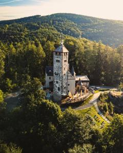 Wellness Hotel Liberecká Výšina في ليبيريتس: قلعة قديمة في وسط غابة