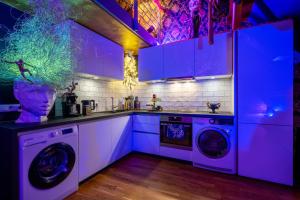 eine lila Küche mit Waschmaschine und Trockner in der Unterkunft N vogue Apartment - Außergewöhnliche Unterkunft in Zentrumsnähe in Dresden