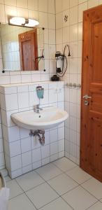a bathroom with a white sink and a mirror at Ferienhaus Knopf -direkt am Küstenwald in Zinnowitz