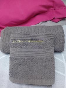 uma toalha cinzenta com as palavras rainha de atenna sobre ele em Le CLOS D'AMANDINE em Sallèles-dʼAude